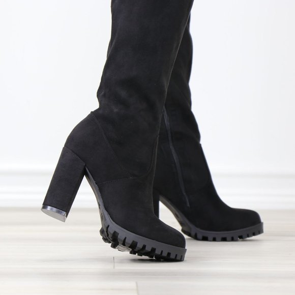 Black Faux Suede Round Toe Thigh High Over The Knee Block Lug High Heel Boots - Picture 7 of 13
